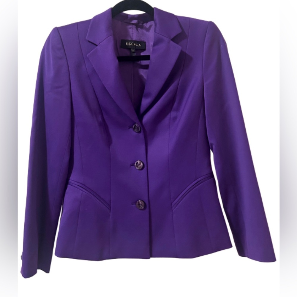 ESCADA Purple Wool Pleated Shoulder Pad Triple Button Blazer Jacket | Size S - Picture 2 of 8